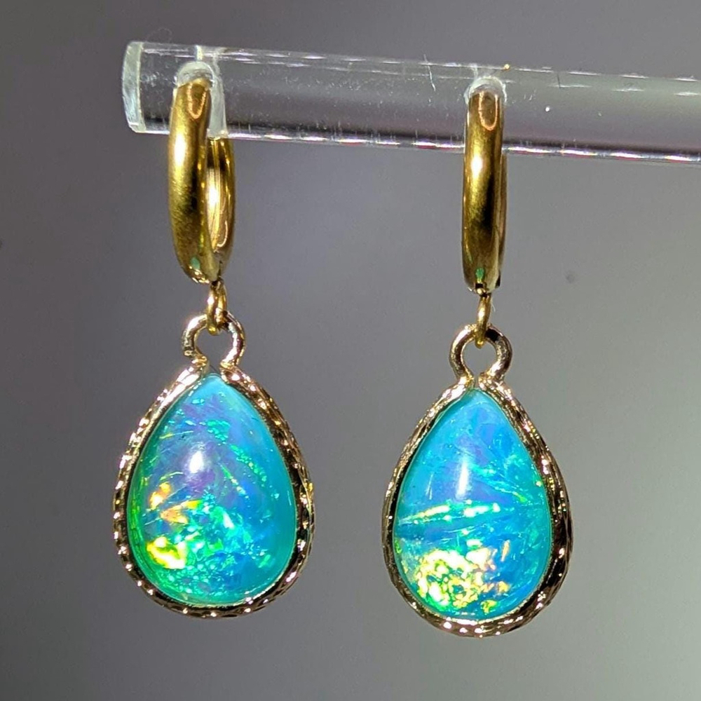 Blue Green Opalescent Teardrop Gold Ion-plated Huggie Earrings - Picture 4 of 8